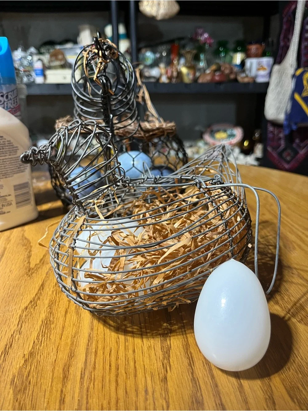 Wire Chicken Basket with Decorative White Glass Handblown Eggs